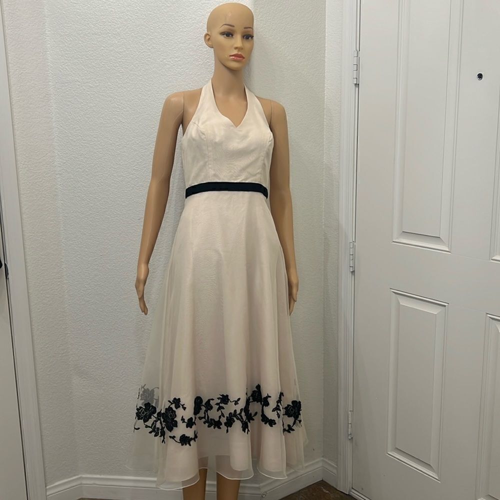 David’s Bridal Sz 2 Halter VNeck Sheer Embroidered Beaded Lined Midi Ivory Black